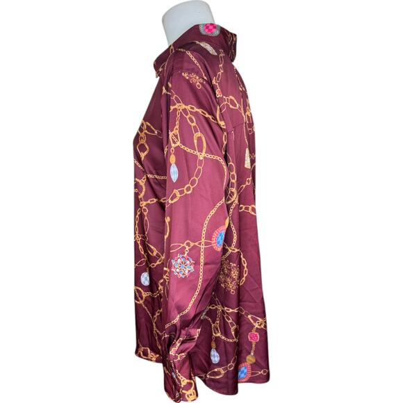 Susan Graver Regular Printed Charmeuse Button-Front Tunic Dark Cranberry Small - Picture 5 of 12